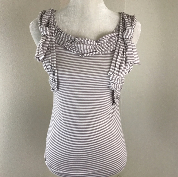 Anthropologie Deletta Tan & White Nautical Striped Tank w/Pleated Details Size S - Picture 3 of 9